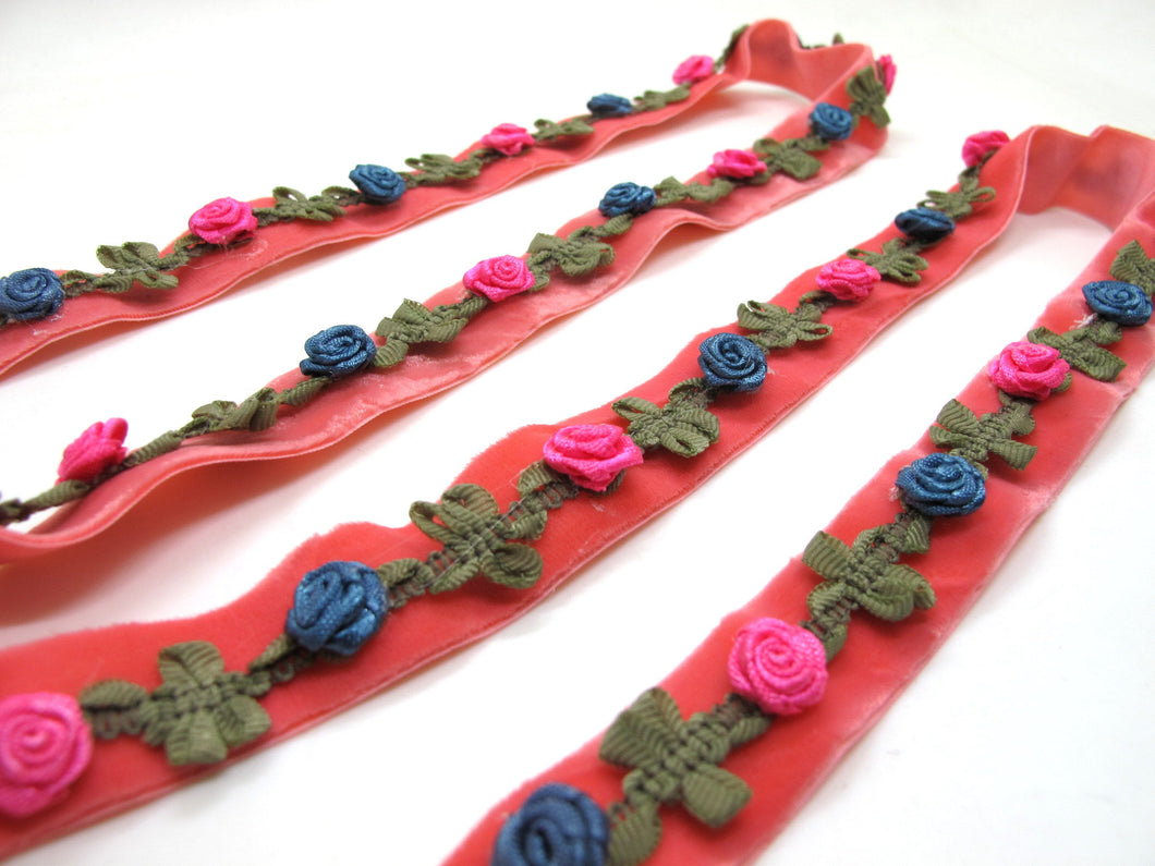 2 Yards 5/8 Inch Velvet with Woven Rococo Ribbon Trim with Rose Flower Buds|Decorative Floral Ribbon|Scrapbook|Clothing|Craft Supplies