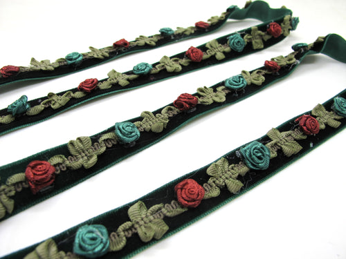 2 Yards 5/8 Inch Velvet with Woven Rococo Ribbon Trim with Rose Flower Buds|Decorative Floral Ribbon|Scrapbook|Clothing|Craft Supplies