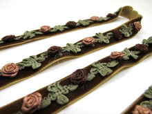 Load image into Gallery viewer, 2 Yards 5/8 Inch Velvet with Woven Rococo Ribbon Trim with Rose Flower Buds|Decorative Floral Ribbon|Scrapbook|Clothing|Craft Supplies