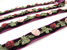 Load image into Gallery viewer, 2 Yards 5/8 Inch Velvet with Woven Rococo Ribbon Trim with Rose Flower Buds|Decorative Floral Ribbon|Scrapbook|Clothing|Craft Supplies