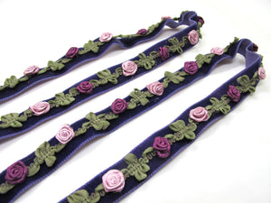 2 Yards 5/8 Inch Velvet with Woven Rococo Ribbon Trim with Rose Flower Buds|Decorative Floral Ribbon|Scrapbook|Clothing|Craft Supplies