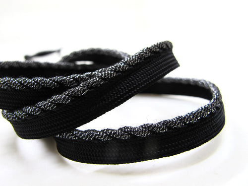 5 Yards 1/4 Inch Black and Silver Twisted Braided Lip Cord Trim|Piping Trim|Pillow Trim|Cord Edge Trim|Upholstery Edging Trim