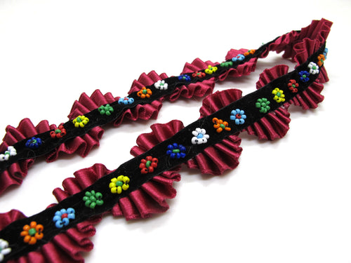 1 5/8 Inches Ruffled Trim with Bead Embroidered Flower Velvet Trim|Decorative Pleated Trim|Wavy Shape|Costume Edging Trim|Sewing Supplies