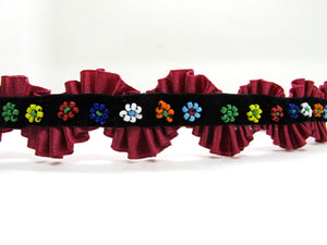 1 5/8 Inches Ruffled Trim with Bead Embroidered Flower Velvet Trim|Decorative Pleated Trim|Wavy Shape|Costume Edging Trim|Sewing Supplies