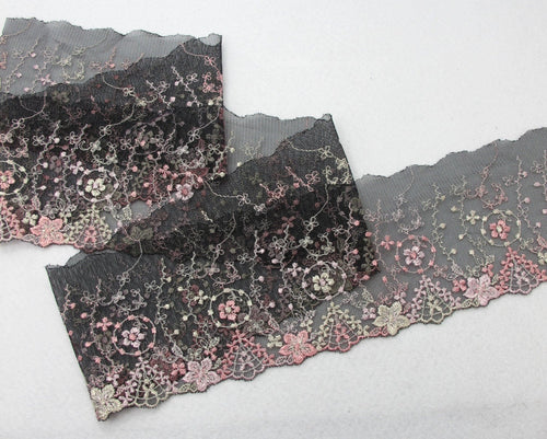 3 1/8 Inches Wide Lace|Black and Pink Floral|Embroidered Lace Trim|Bridal Wedding Materials|Clothing Ribbon|Hairband|Accessories DIY