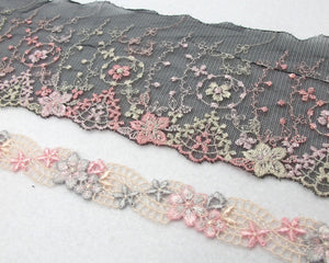 3 1/8 Inches Wide Lace|Black and Pink Floral|Embroidered Lace Trim|Bridal Wedding Materials|Clothing Ribbon|Hairband|Accessories DIY