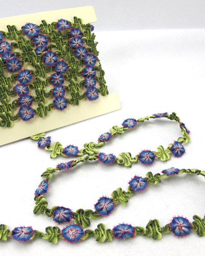 2 Yards Woven Rococo Ribbon Trim with Blue Fan Shaped Flower Buds|Decorative Floral Ribbon|Scrapbook Materials|Clothing|Decor|Craft Supplies