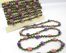 Load image into Gallery viewer, 2 Yards Woven Rococo Ribbon Trim with Pink and Purple Rose Flower Buds|Decorative Floral Ribbon|Scrapbook Materials|Clothing|Craft Supplies