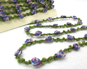 2 Yards Woven Rococo Ribbon Trim with Blue and Purple Rose Flower Buds|Decorative Floral Ribbon|Scrapbook Materials|Decor|Craft Supplies