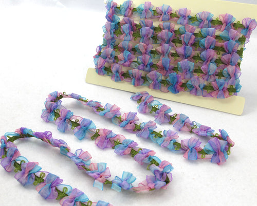 2 Yards Woven Rococo Ribbon Trim with Purple and Blue Chiffon Flower|Decorative Floral Ribbon|Scrapbook Materials|Clothing|Craft Supplies