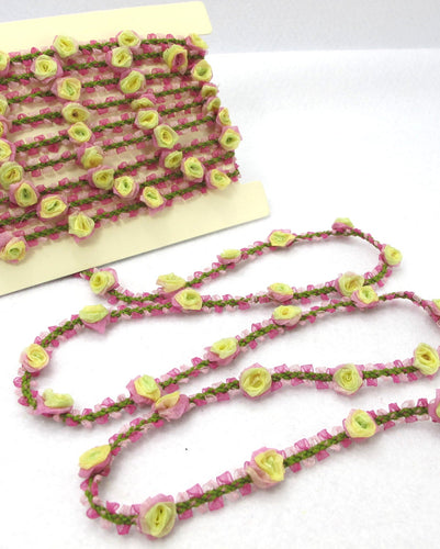 2 Yards Woven Rococo Ribbon Trim with Pink and Yellow Flower Buds|Decorative Floral Ribbon|Scrapbook Materials|Clothing|Decor|Craft Supplies