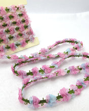 Load image into Gallery viewer, 2 Yards Woven Rococo Ribbon Trim with Pink and Light Blue Chiffon Flower|Decorative Floral Ribbon|Scrapbooking|Clothing|Decor|Craft Supplies