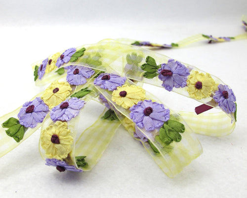 5 Colors|3/4 inchEmbroidered Floral Checkered Ribbon Trim|Three Flowers in a Row|Unique|Colorful|Woven Chiffon Organza Ribbon