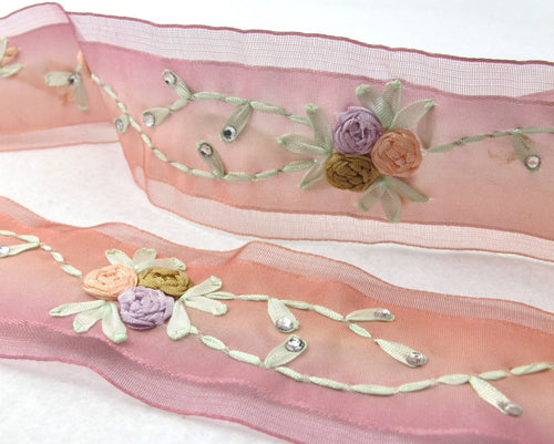Embroidered Floral Ombre Printed Ribbon Trim|With Rhinestone|Unique|Special|Colorful|Woven Polyester Ribbon|Craft Sewing Supplies DIY