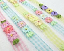 画像をギャラリービューアに読み込む, 5 Colors|3/4 inch Embroidered Floral Checkered Ribbon Trim|Three Flowers in a Row|Unique|Colorful|Woven Chiffon Organza Ribbon