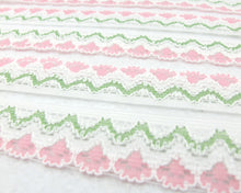 Load image into Gallery viewer, 3 Yards 1 1/8 inch Pink and Green Floral Lace Trim|Floral Embroidered Trim|Bridal Supplies|Handmade Supplies|Sewing Trim|Scrapbooking Decor