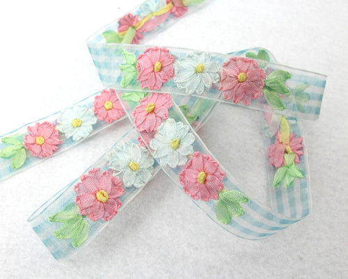 5 Colors|3/4 inchEmbroidered Floral Checkered Ribbon Trim|Three Flowers in a Row|Unique|Colorful|Woven Chiffon Organza Ribbon