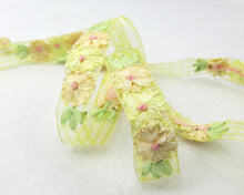 Load image into Gallery viewer, 5 Colors|3/4 inchEmbroidered Floral Checkered Ribbon Trim|Three Flowers in a Row|Unique|Colorful|Woven Chiffon Organza Ribbon