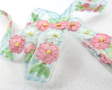 Load image into Gallery viewer, 5 Colors|3/4 inchEmbroidered Floral Checkered Ribbon Trim|Three Flowers in a Row|Unique|Colorful|Woven Chiffon Organza Ribbon