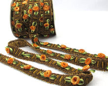 画像をギャラリービューアに読み込む, Orange Rose Buds with Green Leaf Loop on Brown Rococo Ribbon Trim|Decorative Floral Ribbon|Scrapbook Materials|Clothing|Decor|Craft Supplies