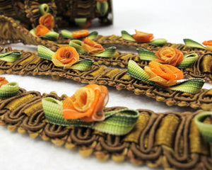Orange Rose Buds with Green Leaf Loop on Brown Rococo Ribbon Trim|Decorative Floral Ribbon|Scrapbook Materials|Clothing|Decor|Craft Supplies