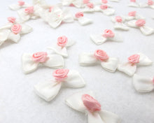 Load image into Gallery viewer, 15 Pieces Satin Bow With Rose Flower Bud|White Bow|Wedding Decors|Jewelry Bow Appliques|Bridal Handmade Bow|Craft Accessories DIY Supplies
