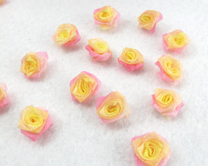 30 Pieces Chiffon Rose Flower Buds|Ombre Color|Pink|Yellow|Flower Applique|Fabric Flower|Baby Doll|Craft Bow|Accessories Making