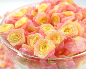 30 Pieces Chiffon Rose Flower Buds|Ombre Color|Pink|Yellow|Flower Applique|Fabric Flower|Baby Doll|Craft Bow|Accessories Making