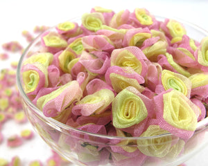 30 Pieces Chiffon Rose Flower Buds|Ombre Color|Purple|Yellow|Flower Applique|Fabric Flower|Baby Doll|Craft Bow|Accessories Making