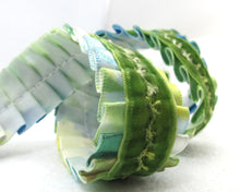 Load image into Gallery viewer, 1 Inch Green Pleated Printed Single Faced Satin Ribbon with Thread Embroidered Velvet Ribbon|Headband Supplies|Hair Embellishment|Decorative