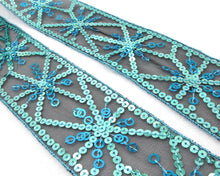 Load image into Gallery viewer, 2 1/2 Inches Bright Blue Sequined and Thread Edged Embroidered Ribbon Trim|Beaded Embroidered Trim|Black Trim|Craft Supplies|Scrapbooking