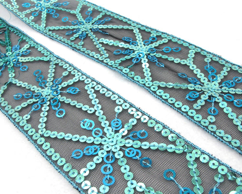 2 1/2 Inches Bright Blue Sequined and Thread Edged Embroidered Ribbon Trim|Beaded Embroidered Trim|Black Trim|Craft Supplies|Scrapbooking