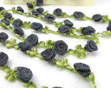 Load image into Gallery viewer, 2 Yards Woven Rococo Ribbon Trim with Grey Denim Flower Buds|Decorative Floral Ribbon|Scrapbook Materials|Clothing|Decor|Craft Supplies