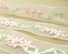画像をギャラリービューアに読み込む, 1 1/8 Inches Embroidered Floral Chiffon Ribbon Trim|Flowers with Green Leaves|Unique|Colorful|Woven Chiffon Organza Ribbon|Decorative