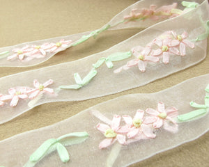 1 1/8 Inches Embroidered Floral Chiffon Ribbon Trim|Flowers with Green Leaves|Unique|Colorful|Woven Chiffon Organza Ribbon|Decorative