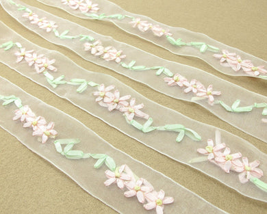 1 1/8 Inches Embroidered Floral Chiffon Ribbon Trim|Flowers with Green Leaves|Unique|Colorful|Woven Chiffon Organza Ribbon|Decorative