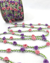 Load image into Gallery viewer, 2 Yards Woven Rococo Ribbon Trim with Pink and Purple Rose Flower Buds|Decorative Floral Ribbon|Scrapbook Materials|Decor|Craft Supplies