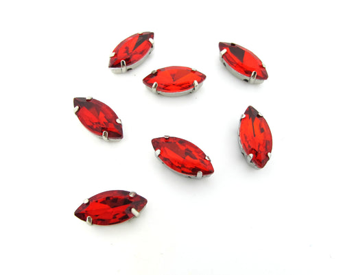 10 Pieces 7x15mm Red Navette Sew On Rhinestones|Glass Stones|Metal Claw Clasp|4 Hole Silver Setting|Bead Jewelry Supplies Decoration