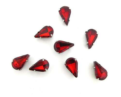 10 Pieces 8x13mm Red Tear Drop Sew On Rhinestones|Glass Stones|Metal Claw Clasp|4 Hole Silver Setting|Bead Jewelry Supplies Decoration