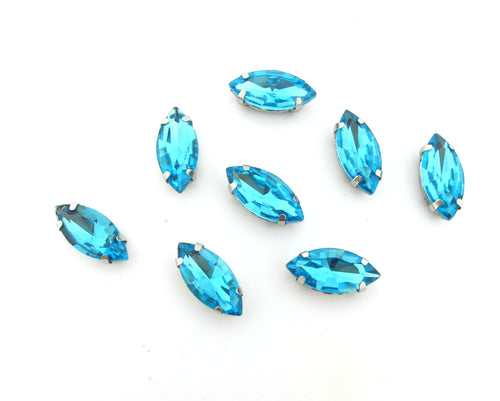 10 Pieces 7x15mm Light Blue Navette Sew On Rhinestones|Glass Stones|Metal Claw Clasp|4 Hole Silver Setting|Bead Jewelry Supplies Decoration