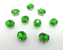 Load image into Gallery viewer, 10 Pieces 8x10mm Green Oval Sew On Rhinestones|Glass Stones|Metal Claw Clasp|4 Hole Silver Setting|Bead Jewelry Supplies Decoration