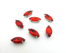 Load image into Gallery viewer, 10 Pieces 7x15mm Red Navette Sew On Rhinestones|Glass Stones|Metal Claw Clasp|4 Hole Silver Setting|Bead Jewelry Supplies Decoration