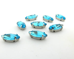 10 Pieces 7x15mm Light Blue Navette Sew On Rhinestones|Glass Stones|Metal Claw Clasp|4 Hole Silver Setting|Bead Jewelry Supplies Decoration