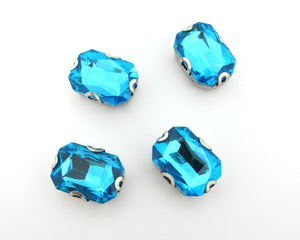 10 Pieces 10x14mm Light Blue Octagon Sew On Rhinestones|Glass Stones|Metal Claw Clasp|4 Hole Silver Setting|Bead Jewelry Supplies Decoration