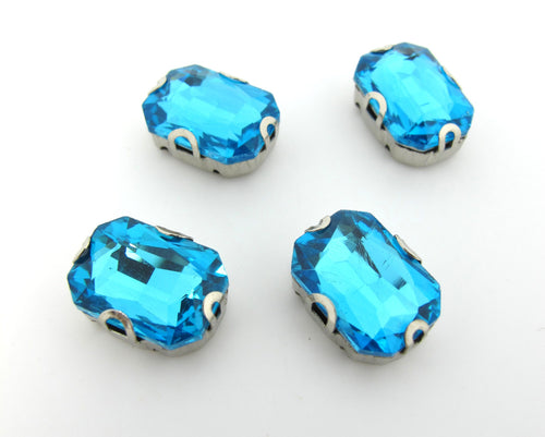 10 Pieces 10x14mm Light Blue Octagon Sew On Rhinestones|Glass Stones|Metal Claw Clasp|4 Hole Silver Setting|Bead Jewelry Supplies Decoration