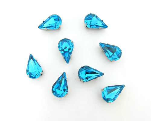 10 Pieces 8x13mm Light Blue Tear Drop Sew On Rhinestones|Glass Stones|Metal Claw Clasp|4 Hole Silver Setting|Bead Jewelry Supplies Decor