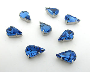10 Pieces 8x13mm Blue Tear Drop Sew On Rhinestones|Glass Stones|Metal Claw Clasp|4 Hole Silver Setting|Bead Jewelry Supplies Decoration
