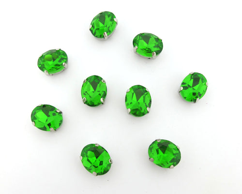 10 Pieces 8x10mm Green Oval Sew On Rhinestones|Glass Stones|Metal Claw Clasp|4 Hole Silver Setting|Bead Jewelry Supplies Decoration