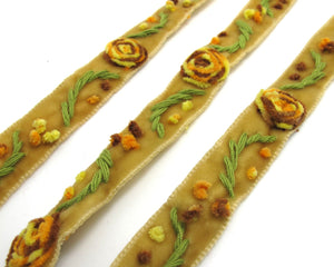 3 Colors|Yarn Flowers Embroidered on Brown Velvet Ribbon|Sewing|Quilting|Craft Supplies|Hair Accessories