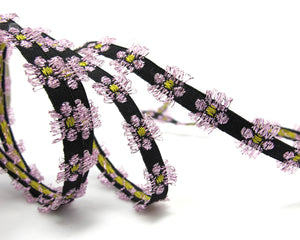3 Yards 3/8 Inches Black with Pink Shinny Woven Flower Shape Embroidery Trim||Curtain Decoration|Supplies|Ribbon Trim|Clothing|Cushion Cover